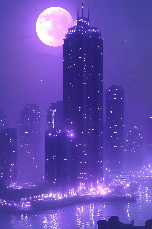 Skyscraper, High-rise building, City, Tower, Night, Cityscape, atmospheric phenomenon, Metropolis, Moon, Metropolitan area, Skyline, Condominium, Purple, Moonlight, Midnight, Commercial building, Astronomical object, Evening, Full moon, Celestial event