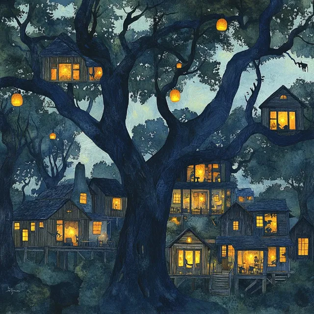 Tree house, Night, Astronomical object, Moonlight, Watercolor painting, Animation, Paint, Moon, Celestial event, Evening, Full moon