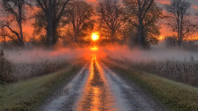 Nature, atmospheric phenomenon, Orange, Natural landscape, Sunrise, Sunset, Sun, Heat, Dusk, Ecoregion, Evening, Afterglow, Sunlight, Mist, Morning, Forest, Fog, Red sky at morning, Dawn, Lens flare