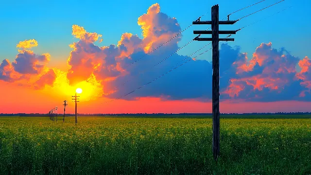 Sky, Blue, Nature, Horizon, Overhead power line, Cloud, Afterglow, Dusk, Orange, Sunset, Ecoregion, Electricity, Sunrise, Rural area, Evening, Public utility, Field, Morning, Sunlight, Electrical Supply