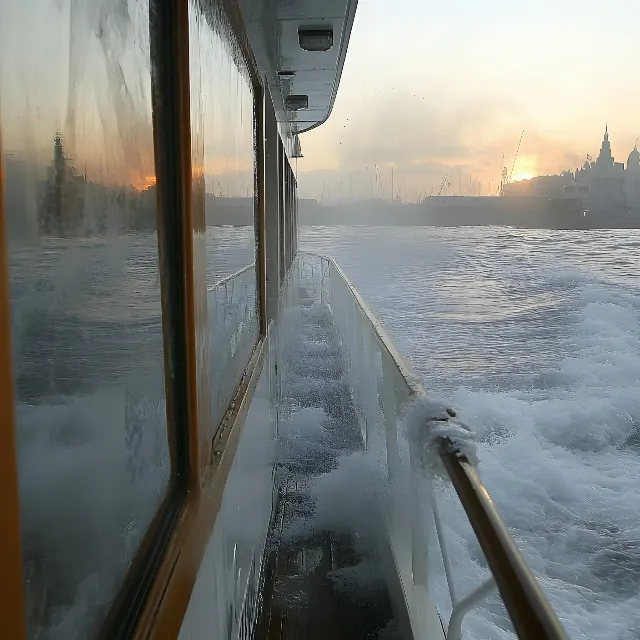 Watercraft, Boat, Naval architecture, Ship, Sea, Ocean, Deck, Winter, Mist, Wind, Evening, Water transportation, Wave, Ice, Passenger ship, Motor ship, Haze