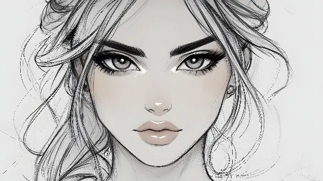 Eyebrow, Lips, Eyelash, Hairstyle, White, Facial expression, Black, Line art, Black and white, Long hair, Drawing, Monochrome, Sketch, No expression, Fashion illustration, Portrait, Eyelash extensions, Lipstick, Eye liner