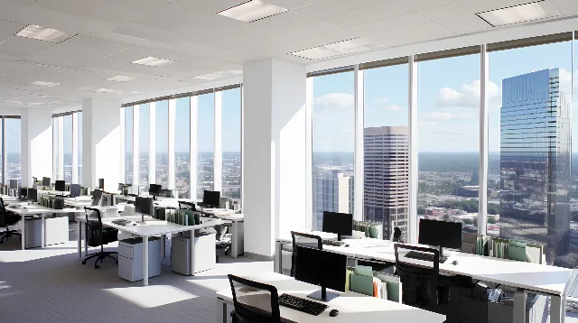 Building, Table, Furniture, Window, Sky, Cloud, Skyscraper, Fixture, Desk, Chair, Interior design, Computer, Condominium, Tower block, Real estate, Shade, Flooring, Personal computer, Glass, Commercial building