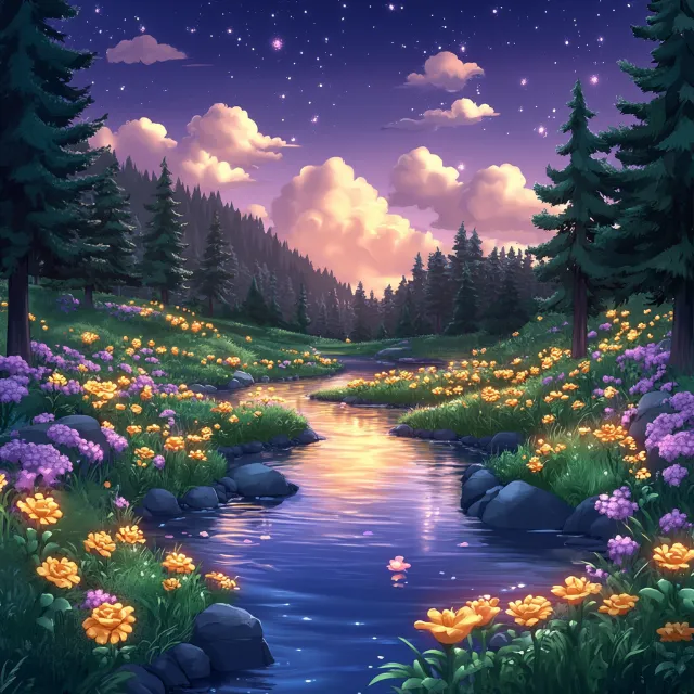 Natural landscape, Nature, Stream, Mountain river, Forest, Garden, River, Fluvial landforms of streams, Pond, Reflection, Wetland, Spring, Astronomical object, Sunrise, Riparian zone, Loch, Animation, Wildflower, Evening, Creek