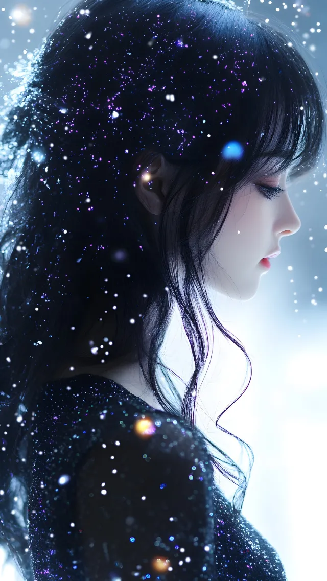 Lips, Black hair, Beauty, Eyelash, Facial expression, Fashion, Black, CG artwork, Long hair, Animation, Star, Hime cut, Lens flare, Fictional character, Anime, Model, Toy, Doll, Portrait photography