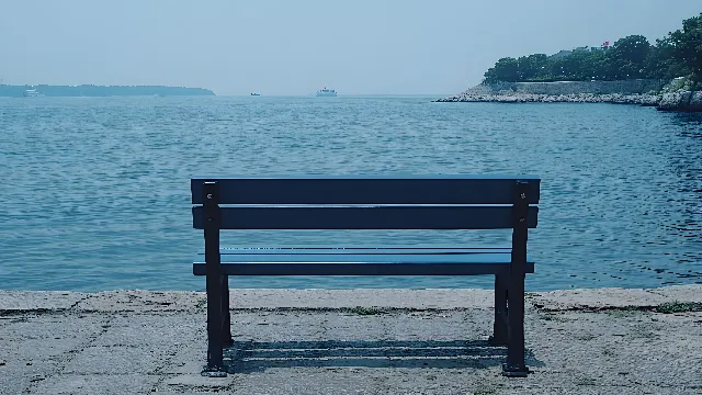 Water, Sky, Outdoor bench, Street furniture, Blue, Azure, Wood, Outdoor furniture, Plant, Lake, Rectangle, Bench, Coastal and oceanic landforms, Horizon, Aqua, Landscape, Shore, Calm, Beach, Tree