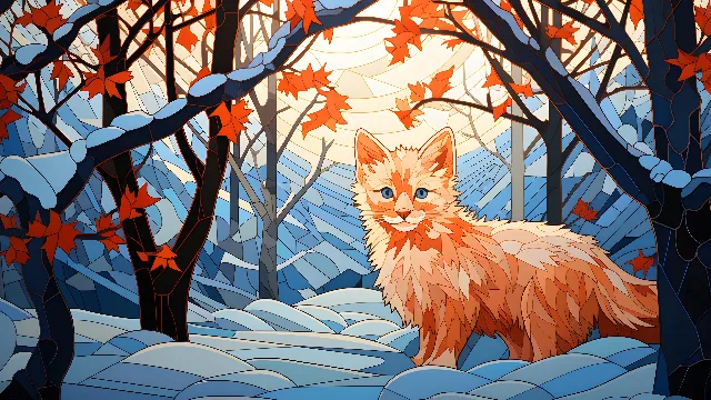 Cat, Plant, Orange, Felidae, Branch, Carnivore, Organism, Line, Trunk, Fawn, People in nature, Whiskers, Art, Twig, Tree, Small to medium-sized cats, Painting, Tints and shades, Deciduous, Illustration