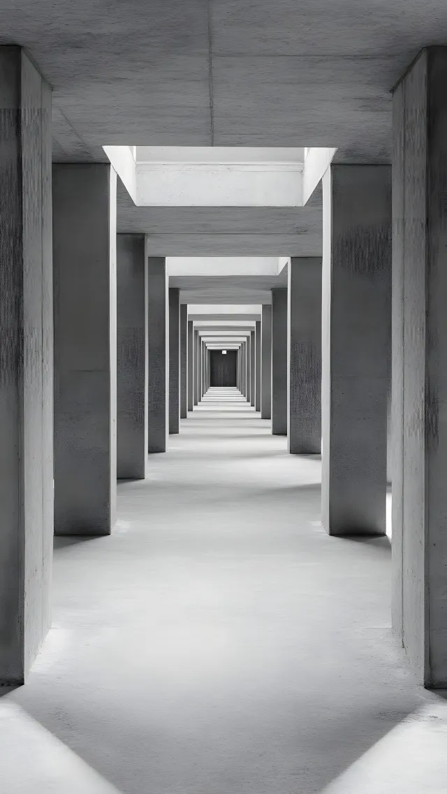 Photograph, White, Monochrome photography, Column, Floor, Concrete, Composite material, Monochrome, Black and white, Grey, Silver, Symmetry, Building material, Design, Still life photography, Daylighting, Shadow