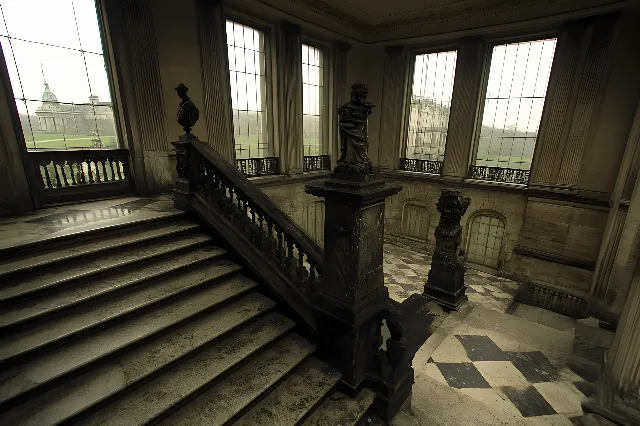 Stairs, Floor, Flooring, Baluster, Column, Handrail, Symmetry, Daylighting, Molding, Building material, Wood stain, Shadow, Tile