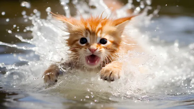 Water, Cat, Liquid, Carnivore, Whiskers, Felidae, Fawn, Happy, Snout, Small to medium-sized cats, Wind wave, Fur, Paw, Tail, Lake, Macro photography, Tree