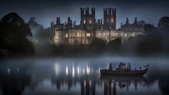 Water, Boat, Building, Sky, Vehicle, Lake, Atmospheric phenomenon, Morning, Landmark, City, Watercraft, Natural landscape, Calm, Midnight, Fog, Art, Mist, Reflection, Landscape, Haze