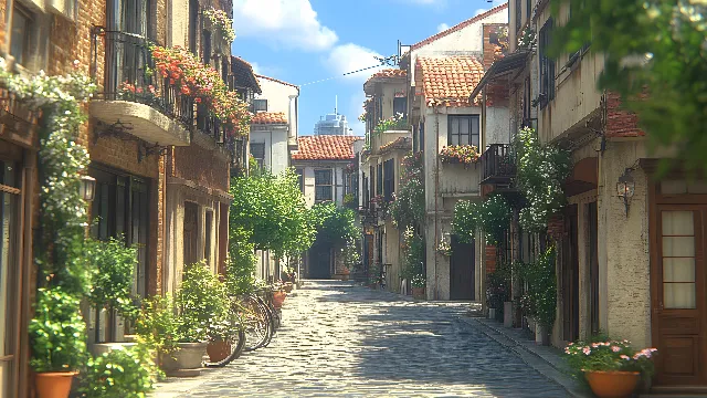 Plants, Neighbourhood, Town, Flowerpot, Street, Spring, Alley, Houseplant, Balcony, Cobblestone, Walkway, Floral design, Flower Arranging, Floristry, Flagstone, Geraniums