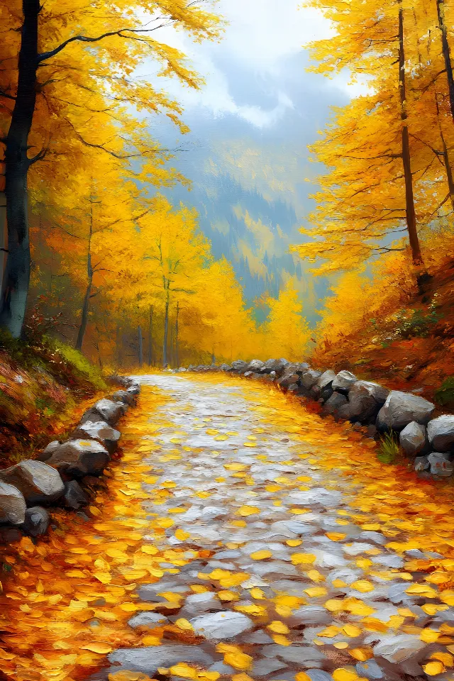 Yellow, Stream, Orange, Autumn, Woody plant, Fluvial landforms of streams, Watercolor painting, Mountain river, Woodland, Northern hardwood forest, Acrylic paint, Trail, Paint, Temperate broadleaf and mixed forest, Creek, Path, Stream bed