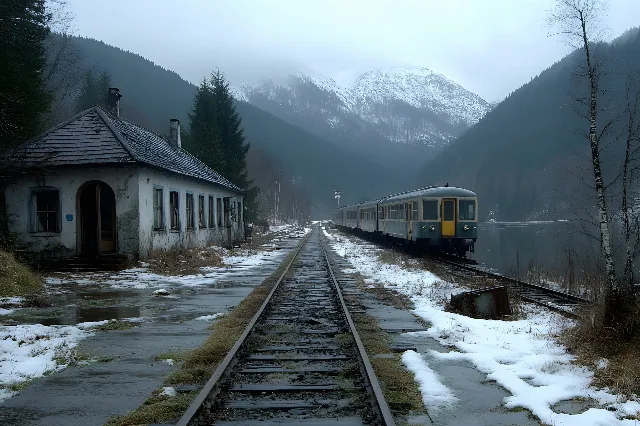 Transport, Train, Track, Rail transport, Rolling stock, Mountain range, Passenger car, Hill station, Public transport, Valley, Winter, Railroad car, Snow, Freezing, Conifers, Massif, Rubble, Alps, Train station, Fir