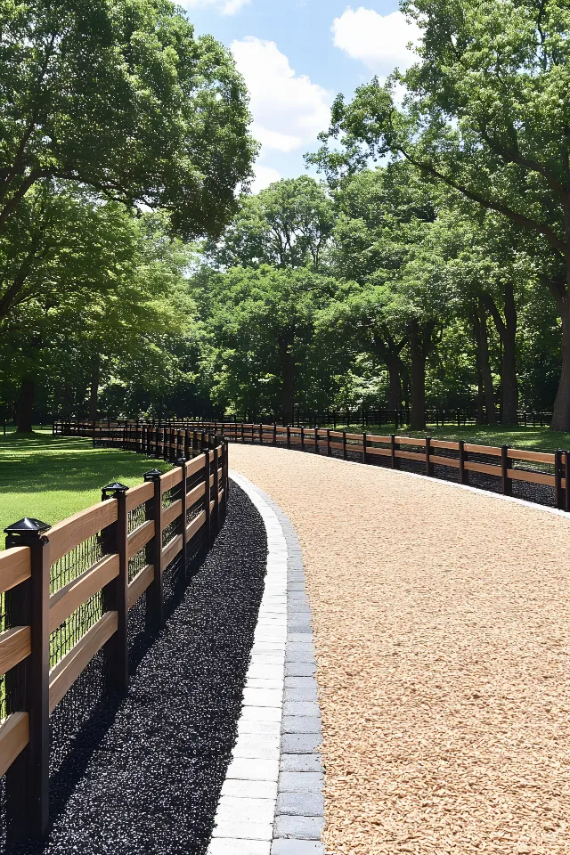 Fence, Groundcover, Walkway, Split-rail fence, Landscaping, Garden, Home Fencing, Driveway, Park, Gravel, Trail, Path, Pebble