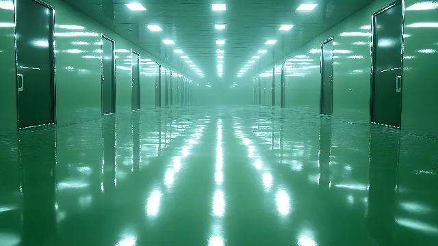 Fixture, Floor, Flooring, Glass, Symmetry, Electric blue, Transparent material, Composite material, Reflection, Ceiling, Metal, Rectangle, Event, Aluminium, Fluorescent lamp, Transparency, Steel