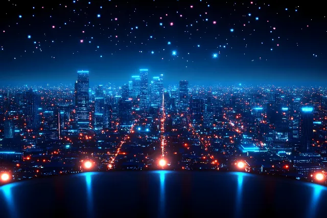 Blue, City, Night, Metropolitan area, Metropolis, Skyscraper, Cityscape, High-rise building, Electricity, Tower, Midnight, Skyline, Lens flare