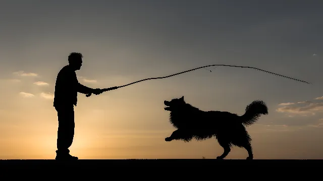 Sky, Dog, Dog breed, Carnivore, People in nature, Gesture, Happy, Companion dog, Cloud, Sporting Group, Canidae, Leash, Herding dog, Dog walking, Backlighting, Fun, Silhouette, Evening