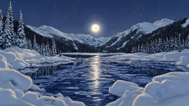 Winter, Snow, Astronomical object, Moon, Freezing, Wilderness, Glacial landform, Mountain range, Moonlight, Reflection, Ice, Glacier, Full moon, Mountain river, Celestial event, Ice cap, Valley, Alps, Larch, Arctic