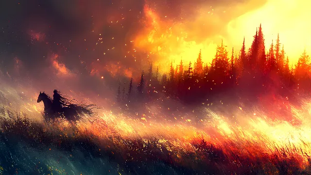 atmospheric phenomenon, Orange, Evening, Wind, Sunrise, Heat, CG artwork, Dawn, Wildfire, Red sky at morning, Horse, Meteorological phenomenon, Sunset, Graphics, Watercolor painting, Dusk