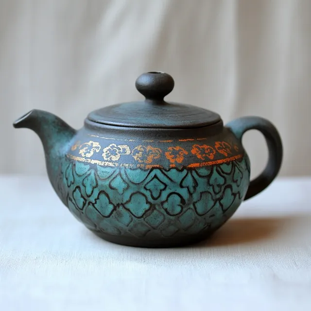 Teapot, Ceramic, Lid, Pottery, Creative arts, Serveware, Porcelain, Stoneware, Natural material, Antique, Still life photography, Craft, Motif, Kettle