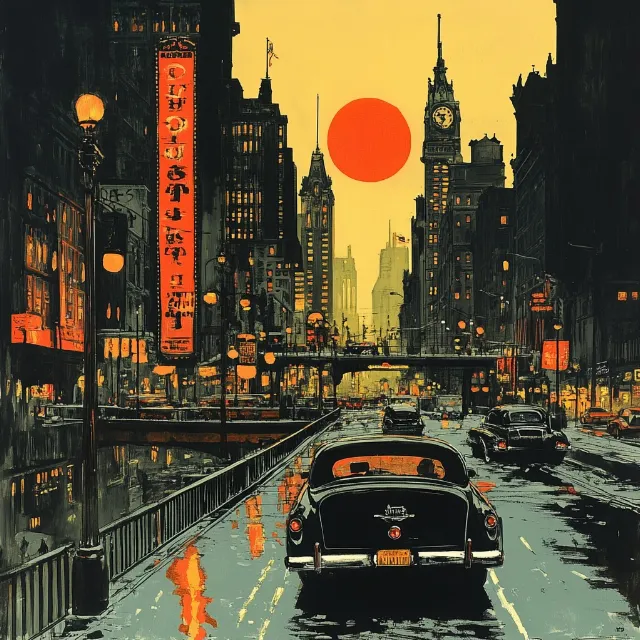 Orange, Metropolis, Cityscape, Evening, Paint, Skyscraper, Classic car, Skyline, High-rise building, Dusk