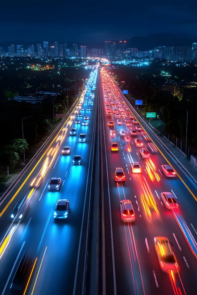 Mode of transport, Highway, Road, Motor vehicle, Controlled-access highway, Car, Thoroughfare, Automotive lighting, Metropolitan area, Asphalt, Traffic, Electricity, Lane, Shoulder, Night, Public utility, Windshield, Road trip, Traffic congestion, Dusk