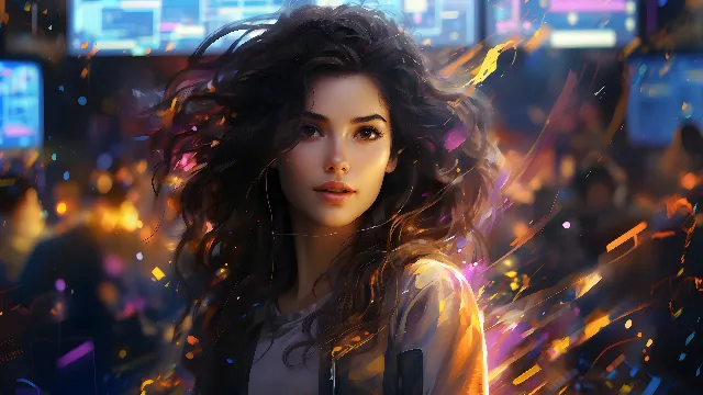 Lip, Eye, Light, Purple, Flash photography, Eyelash, Sunlight, Black hair, Cool, Cg artwork, Long hair, Electric blue, Art, Urban area, City, People in nature, Brown hair, Magenta, Fun, Graphics