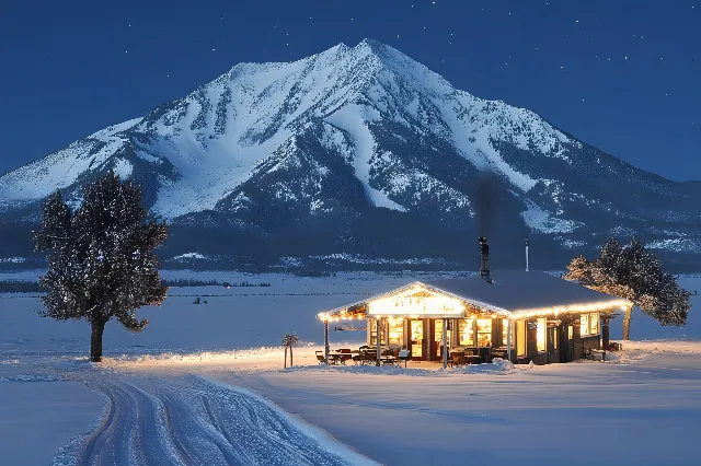 Snow, Sky, Winter, Mountainous landforms, Mountain, Home, House, Mountain range, Cottage, Hill station, Glacial landform, Freezing, Slope, Alps, Morning, Ski resort, Summit, Precipitation, Ice cap, Ridge