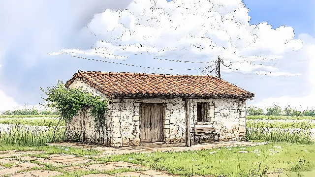 House, Rural area, Hut, Roof, Village, Land lot, Cottage, Human settlement, Home, Shed, Shack, Door, Drawing, Croft, Painting, Garden buildings, Watercolor painting, Sketch, Farmhouse, Paint